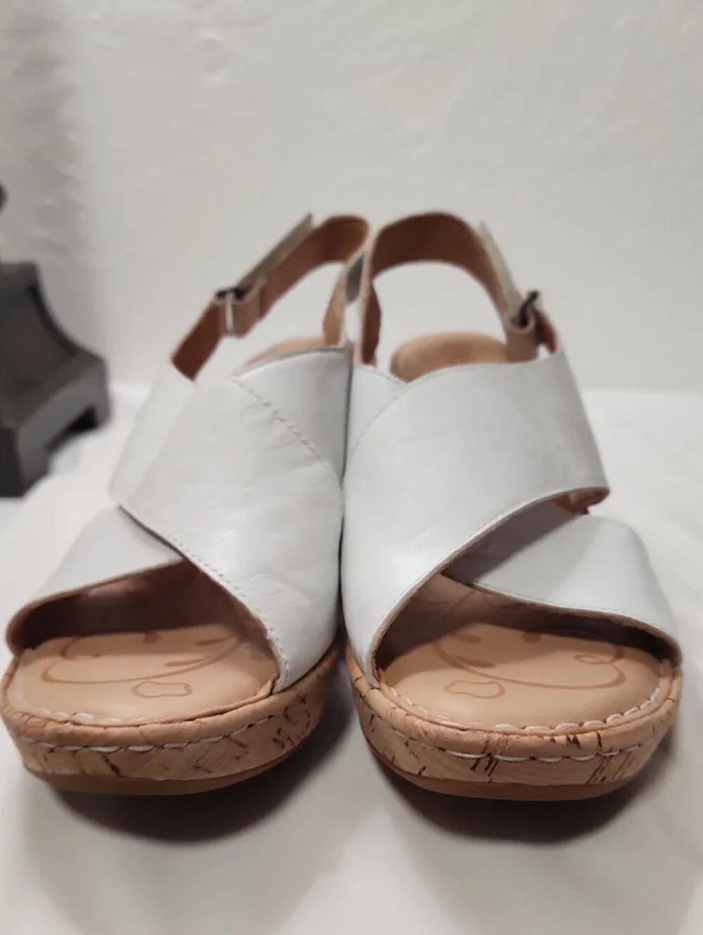 Born White Leather Cork Wedge Sandals with Crisscross Straps